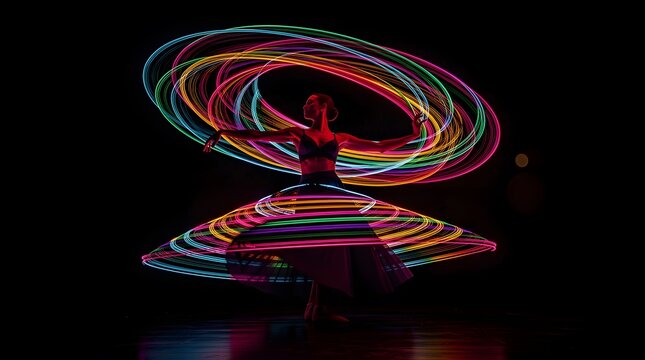 A talented performer spinning bright colorful LED hula hoops in a dark studio setting.