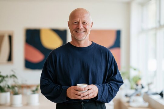 Smiling bald man holding mug in a bright contemporary living room for lifestyle background and profile banner design