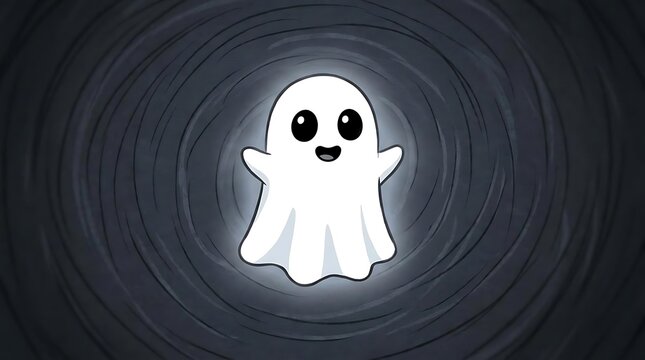 White ghost smiling in dark swirling background