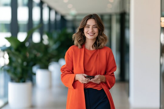 Female professional in orange coat holding smartphone and smiling in bright office corridor for corporate banner and website background