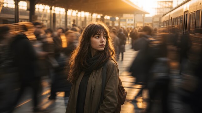 A contemplative young woman standing alone in a busy train station platform at sunset.