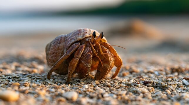 A hermit crab emerges from its shell on a sunlit pebble beach  showcasing natural textures and earthy tones