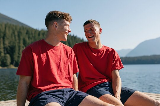 Two young men laughing on a wooden dock by a mountain lake casual summer portrait background for lifestyle banner and outdoor social design