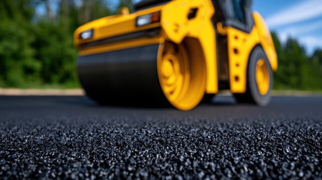 Heavy duty road roller compacting fresh asphalt surface
