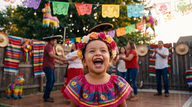 A cheerful toddler girl with flowers in her hair laughs at a sunny Hispanic Heritage Month fiesta with family