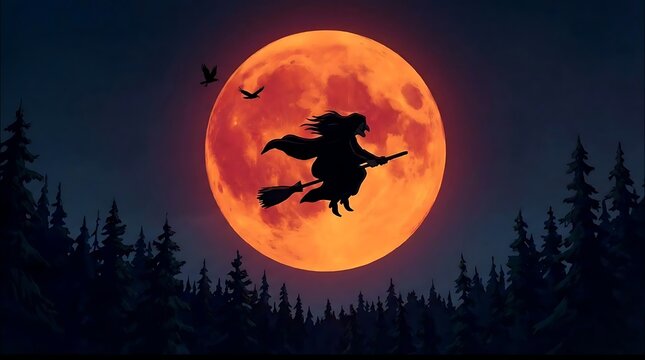 Witch flying on broomstick against orange moon