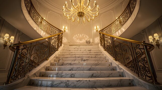 Grand marble staircase with ornate golden railings and a luxurious crystal chandelier in a mansion foyer.