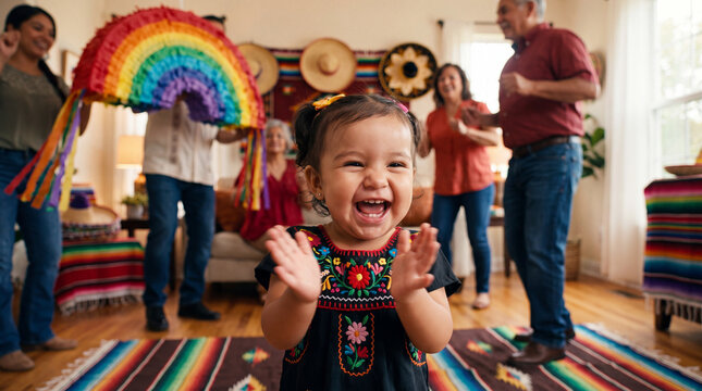 A happy baby girl in a traditional Mexican dress claps and laughs during a lively Hispanic Heritage Month family party