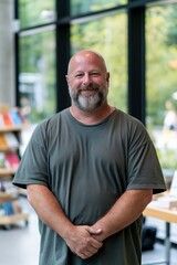 Obraz premium Portrait of a smiling bald bearded man in a gray t shirt standing in a modern bright interior for corporate profile and web banner