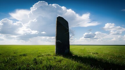 Fototapeta premium A single ancient stone monolith standing in a vast green meadow under a dramatic cloudy sky.