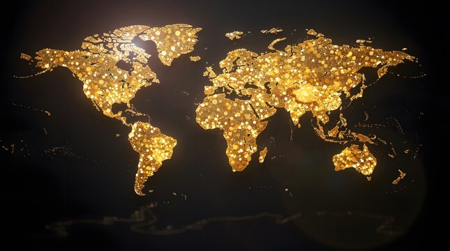 A glowing golden world map isolated on a dark black background.