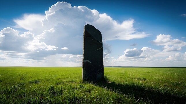 A single ancient stone monolith standing in a vast green meadow under a dramatic cloudy sky.