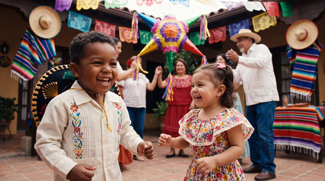 Two joyful toddlers laugh and play together at a Hispanic Heritage Month fiesta with family dancing and decorations
