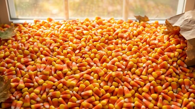 Large pile of candy corn and autumn leaves