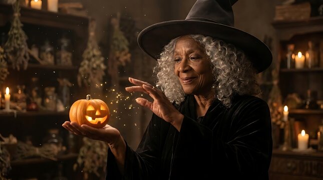 Witch holding glowing pumpkin in cottage