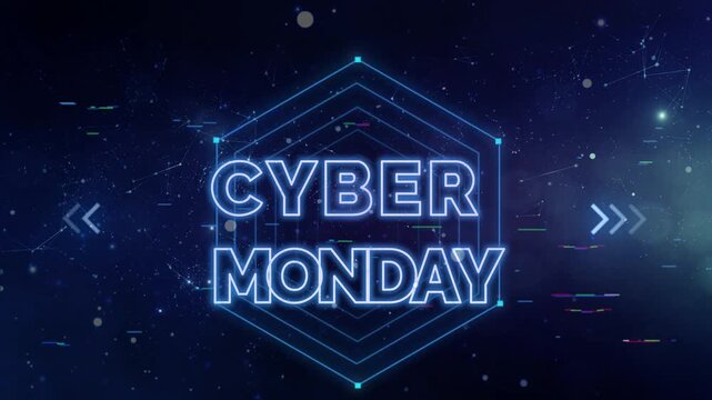 Cyber monday digital promotion banner glowing neon hexagon frame against abstract dark tech background with background floating particles inside geometric hexagon video displays glowing