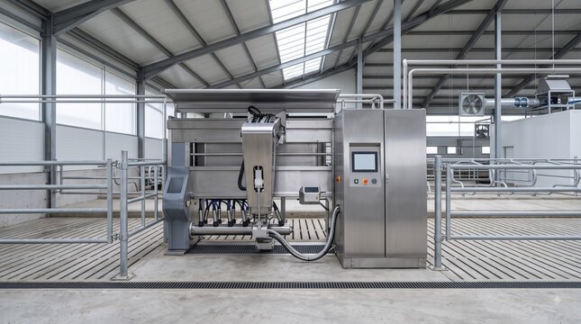 Automated robotic milking system in modern clean dairy farm barn for smart agricultural production