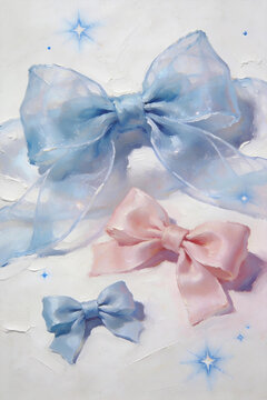 Translucent tulle bows star glitter aesthetic art Sheer organza bows, dreamy starry nebula decor Macaron sheer bows, soft haze gradient illustration 