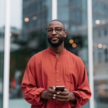 Bearded man in red shirt and glasses holding smartphone outside modern glass building for professional portrait and lifestyle website banner
