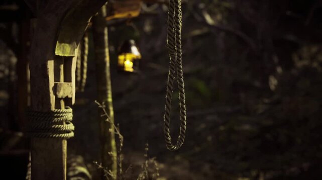 Amidst a dense forest, a faintly glowing lantern illuminates a weathered wooden frame. Twisted ropes hang at the side, creating an eerie atmosphere during dusk.