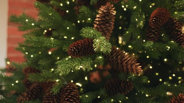 Wide shot festive tree in cafe dense pinecone clusters, warm string lights, exposed brick backdrop, welcoming holiday display, ambient bokeh, staff arranged garland, cinematic upward tilt