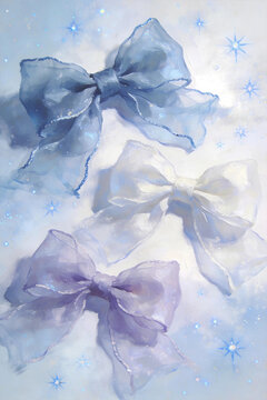 Translucent tulle bows star glitter aesthetic art Sheer organza bows, dreamy starry nebula decor Macaron sheer bows, soft haze gradient illustration 