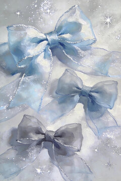 Translucent tulle bows star glitter aesthetic art Sheer organza bows, dreamy starry nebula decor Macaron sheer bows, soft haze gradient illustration 