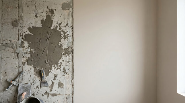Fresh plaster patch on concrete wall with spackling putty tools
