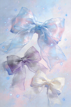 Translucent tulle bows star glitter aesthetic art Sheer organza bows, dreamy starry nebula decor Macaron sheer bows, soft haze gradient illustration 