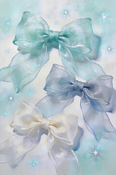 Translucent tulle bows star glitter aesthetic art Sheer organza bows, dreamy starry nebula decor Macaron sheer bows, soft haze gradient illustration 