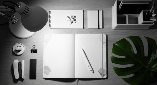 Minimalist Workspace Essentials Desk Setup With Open Notebook And Lamp For Productivity