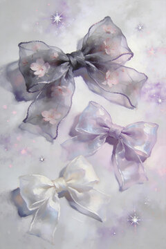 Translucent tulle bows star glitter aesthetic art Sheer organza bows, dreamy starry nebula decor Macaron sheer bows, soft haze gradient illustration 