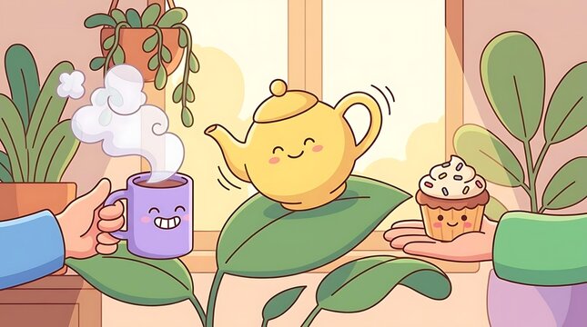 Cartoon teapot mug and cupcake with houseplants