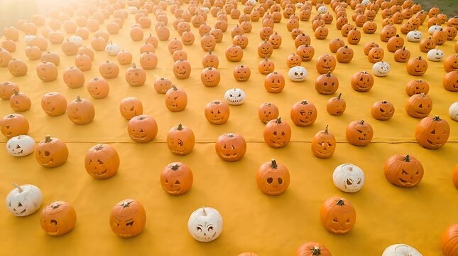 Carved halloween pumpkins on orange background