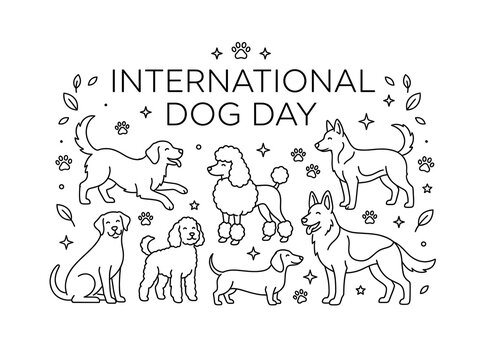 International dog day pattern with elegant breed sketches