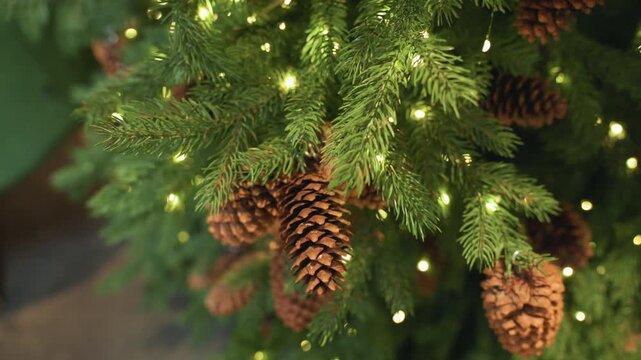 Low angle pinecone cluster at cafe tree dense needles and hanging cones, tiny LED lights, blurred floor and seating, handcrafted seasonal decor, inviting coffee corner, gentle camera sweep