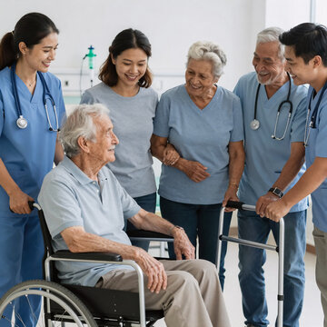 Whimsical Insurance Elderly. Hands Depict A Diverse, Happy Family Caring For An Elderly Disabled Member At A Nursing Home