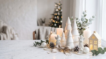 Fototapeta premium Cozy Christmas Table Decor with White Trees and Candles