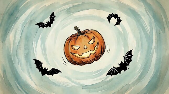 Carved pumpkin and flying bats in blue swirl
