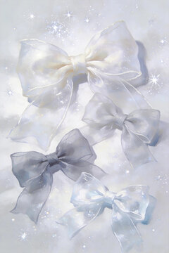 Translucent tulle bows star glitter aesthetic art Sheer organza bows, dreamy starry nebula decor Macaron sheer bows, soft haze gradient illustration 
