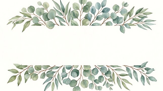 Watercolor eucalyptus leaf border, hand-painted green foliage frame with rounded and pointed leaves on a white background