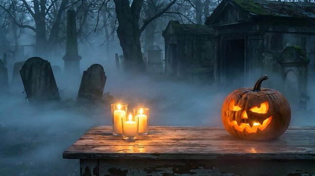 Carved pumpkin and lit candles in foggy graveyard