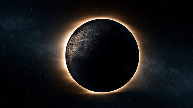 Close-up of a total solar eclipse with black moon and glowing corona in space