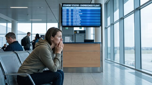 Stressed young woman covering face under overbooked flight status screen