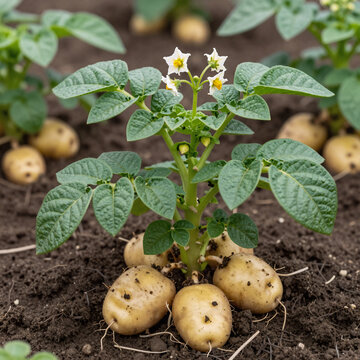Pop Art Potato Life. Close-Up Of A Healthy Potato Plant Growing On Soil