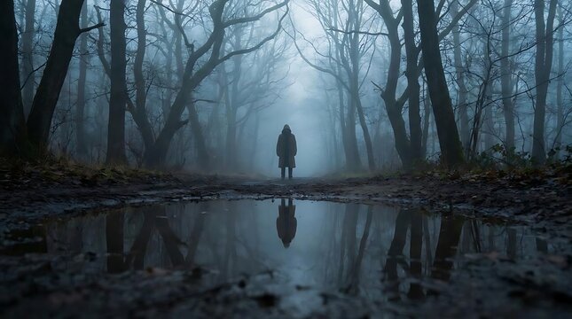 Person standing in foggy forest with puddle reflection