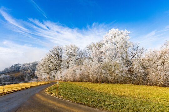 Winding country road through a winter landscape under blue sky