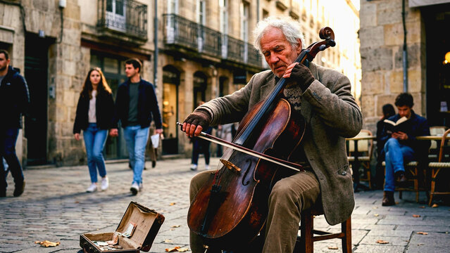 Senior man playing cello on a European city street
