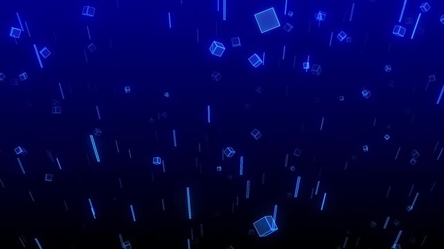 発光する水色キューブ粒子が高速上昇するデジタル空間ループ背景 フルHD 横長 16:9