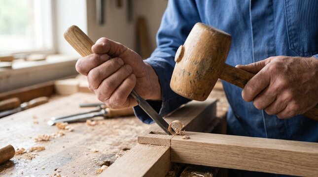 Skilled woodworker using a wooden mallet and chisel to create a mortise and tenon joint